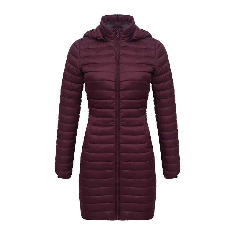 Santelon inverno feminino solto longo parka casaco com capuz destacável feminino sólido ultraleve portátil quente acolchoado algodão outwear