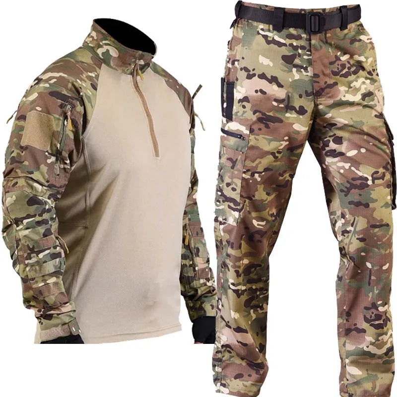 conjunto tático camuflado masculino, roupa tática airsoft militar, conjunto militar caça e trilha, conjunto tático resistente ao desgaste, roupa camuflada secagem rápida, conjunto tático outdoor, uniforme militar masculino camuflado, roupa tática com múltiplos bolsos, conjunto de treino tático, conjunto tático conforto e durabilidade