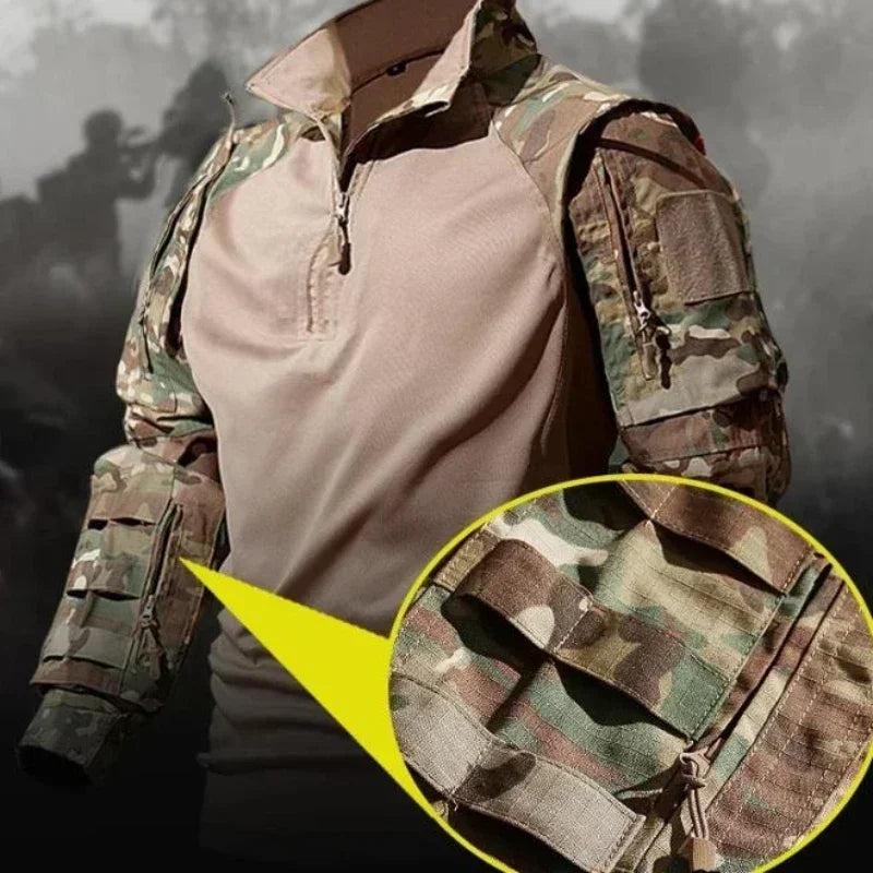 conjunto tático camuflado masculino, roupa tática airsoft militar, conjunto militar caça e trilha, conjunto tático resistente ao desgaste, roupa camuflada secagem rápida, conjunto tático outdoor, uniforme militar masculino camuflado, roupa tática com múltiplos bolsos, conjunto de treino tático, conjunto tático conforto e durabilidade