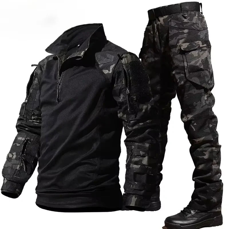 conjunto tático camuflado masculino, roupa tática airsoft militar, conjunto militar caça e trilha, conjunto tático resistente ao desgaste, roupa camuflada secagem rápida, conjunto tático outdoor, uniforme militar masculino camuflado, roupa tática com múltiplos bolsos, conjunto de treino tático, conjunto tático conforto e durabilidade